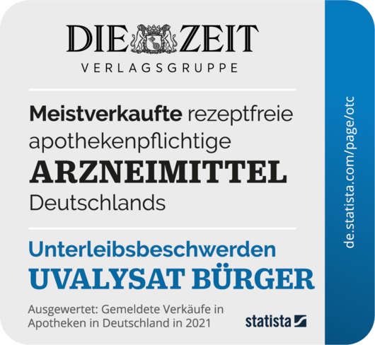 ZEIT WISSEN Siegel: für die Auszeichnung von Uvalysat Flüssigkeit zum meistverkauften, rezeptfreien Arzneimittel in Deutschland im Segment Unterleibsbeschwerden.